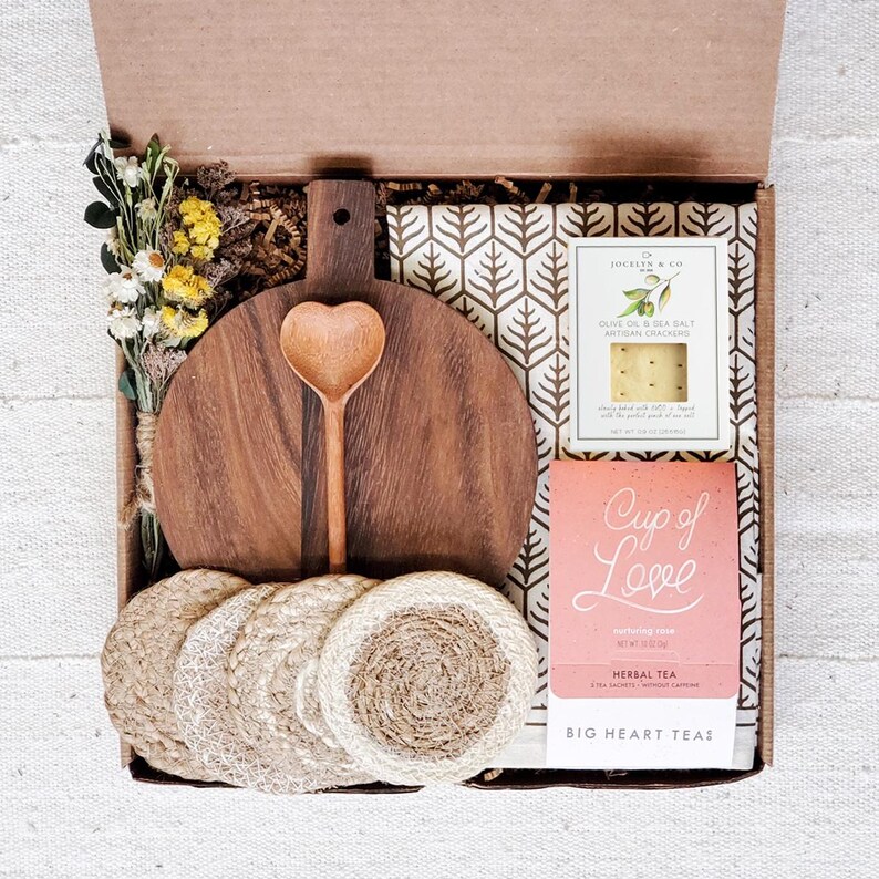 Handmade Charcuterie Gift Box - Wood Serving Board, Tea & Artisan Crackers, Coasters, Tea Towel Round Board