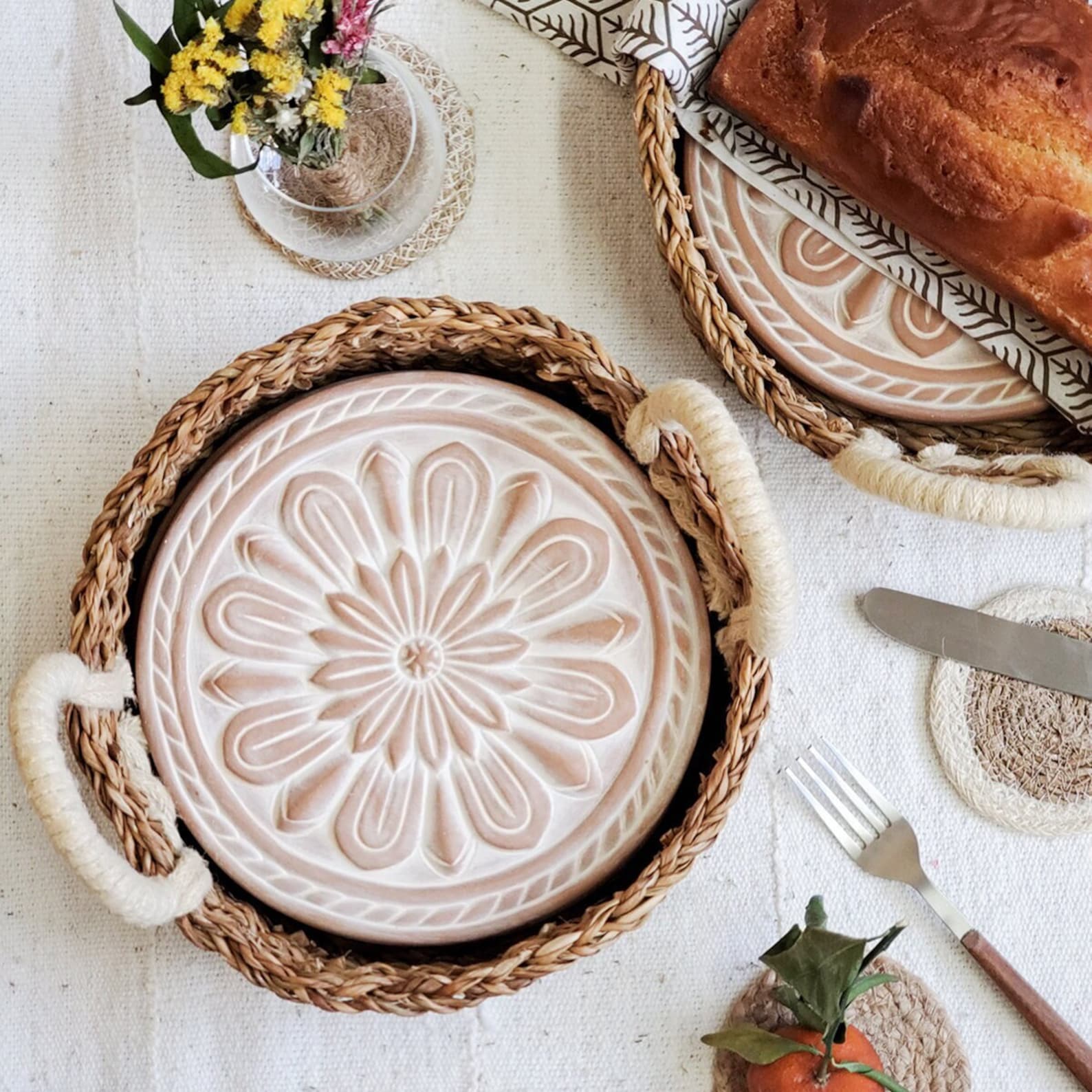 Handmade Bread Warmer Set - Round Flower Terracotta Warming Stone, Seagrass Basket - Tie Dye Brown ($59.12)