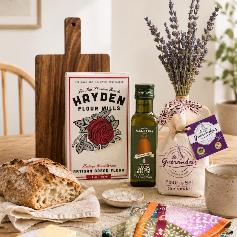 May include: A loaf of crusty bread, a box of Hayden Flour Mills artisan bread flour, a bottle of Mantova extra virgin olive oil, a bag of Le Gu&eacute;randais fleur de sel, a wooden cutting board, a small bowl of salt, and a bunch of dried lavender.