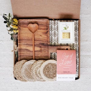 Handmade Charcuterie Gift Box - Wood Serving Board, Tea & Artisan Crackers, Coasters, Tea Towel Serving Tray
