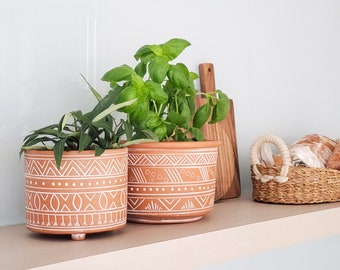 Hand Etched Terracotta Pot and Planter • 7 inch (L) • Plant Pot With Drainage, Succulent Pot, Handmade Pottery, Plant Mom, Mothers Day Gifts