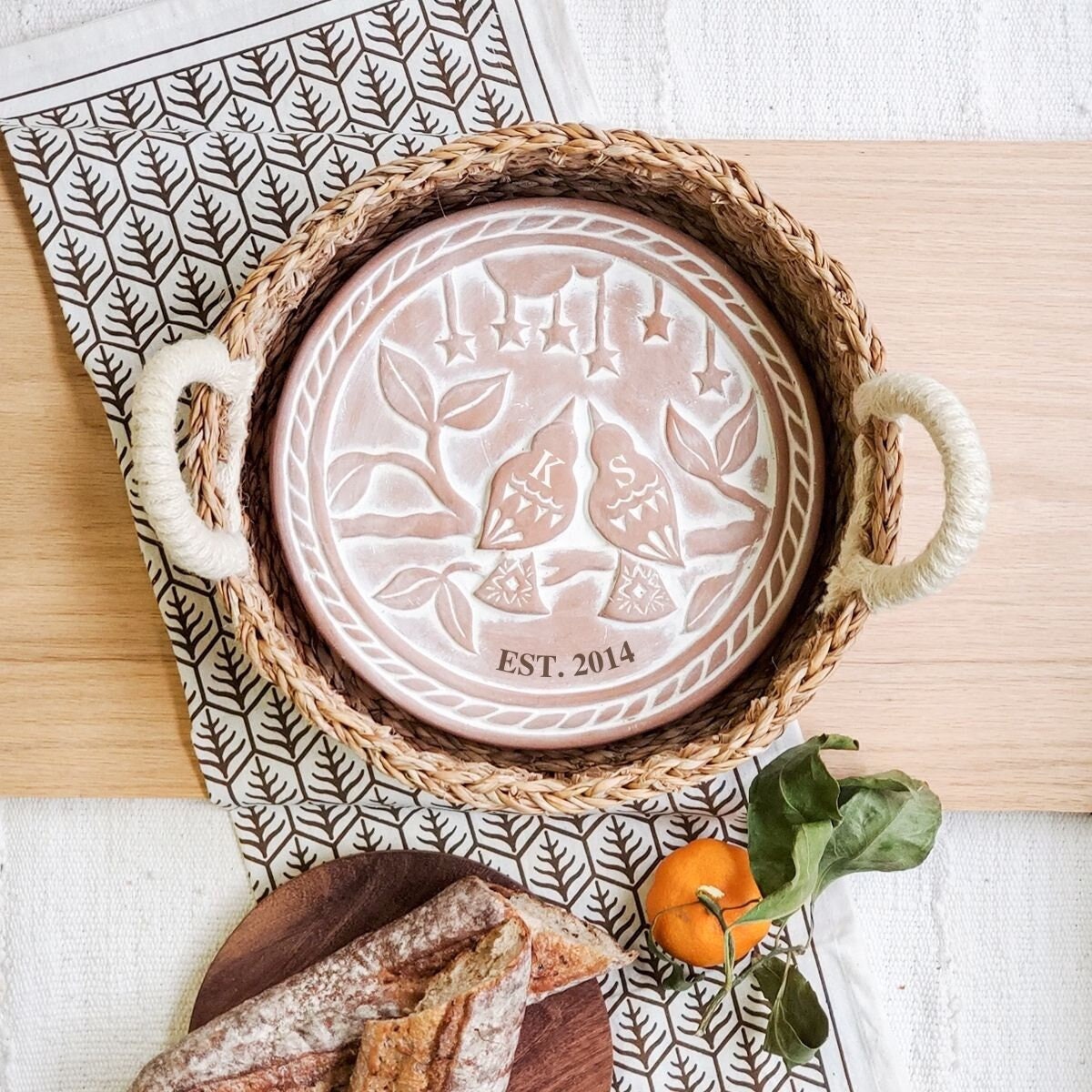 Wedding Gift Handmade New Home Gift Personalized Anniversary Gift Housewarming Bread Warmer Ceramic Warming Stone Basket [Lovebird/R-M-T-D]