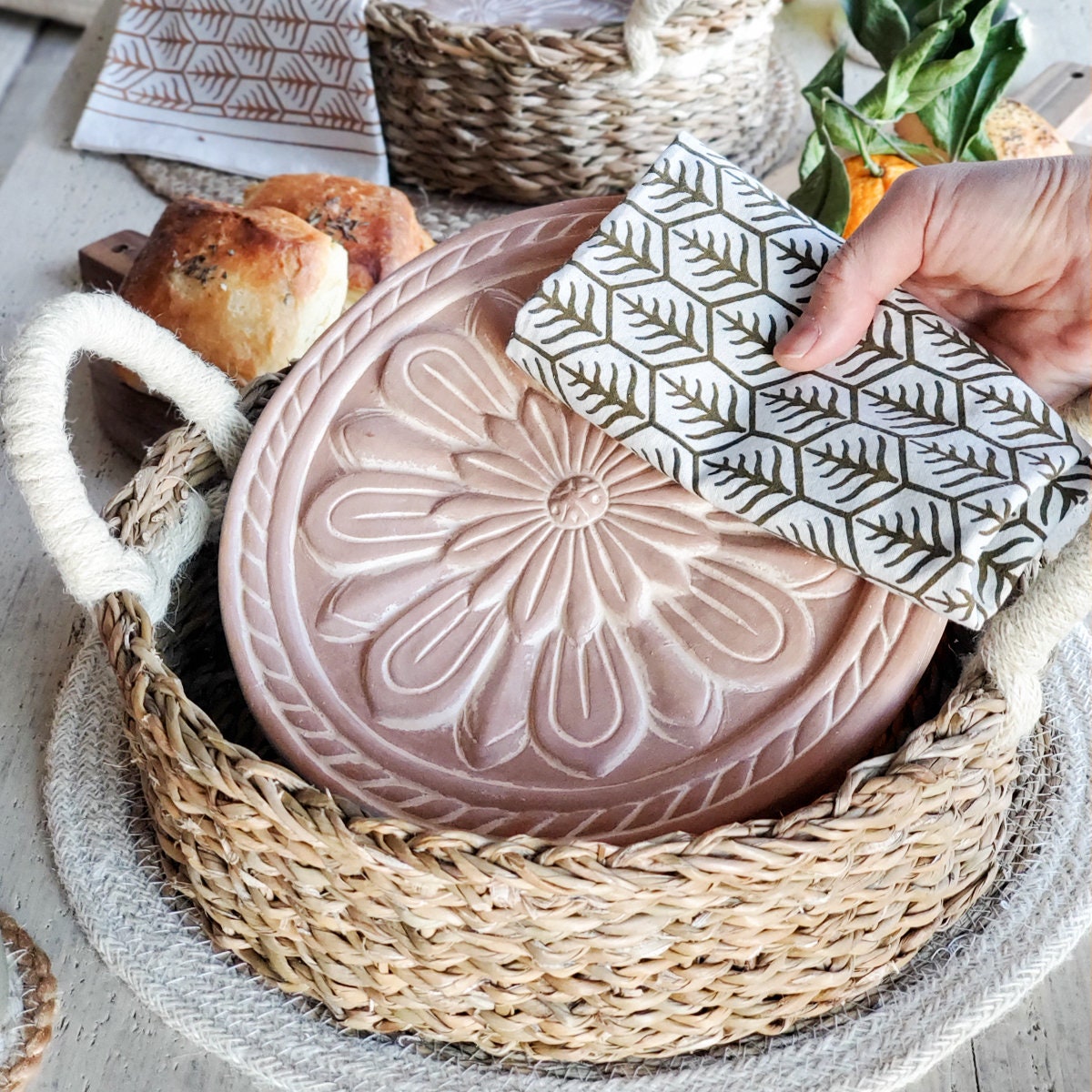 New Home Gift Handmade Wedding Gift Housewarming Gift Unique Bread Tortilla Warmer Ceramic Warming Stone Basket With Tea Towel flower-r-t - Etsy