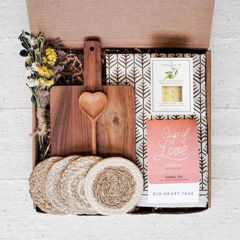 Handmade Charcuterie Gift Box - Wood Serving Board, Tea & Artisan Crackers, Coasters, Tea Towel Rectangular Board