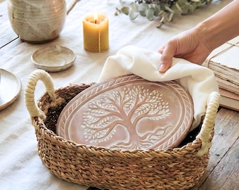 Hostess Gift Bread Warmer Basket, Handmade Terracotta Warming Stone, Tortilla Warmer [TREE/OV]