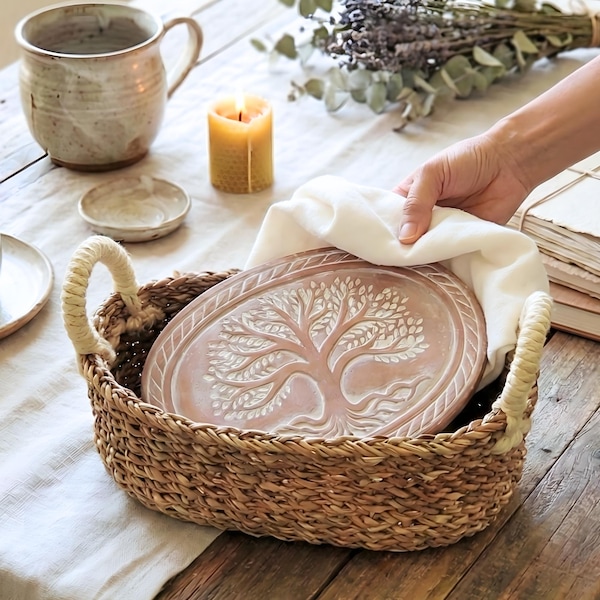 Hostess Gift Bread Warmer Basket, Handmade Terracotta Warming Stone, Tortilla Warmer [TREE/OV]