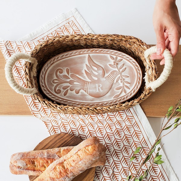 Personalized Bread Warmer Set - Dove Terracotta Warming Stone & Seagrass Basket