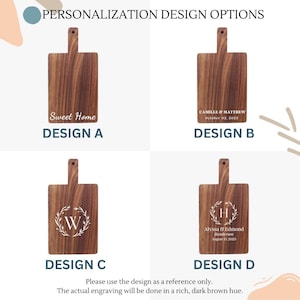 May include: Four rectangular wooden cutting boards with handles, each featuring different white engraved personalization options labeled Design A, B, C, and D. The text includes Sweet Home, Camille & Matthew, a letter W, and a letter H.
