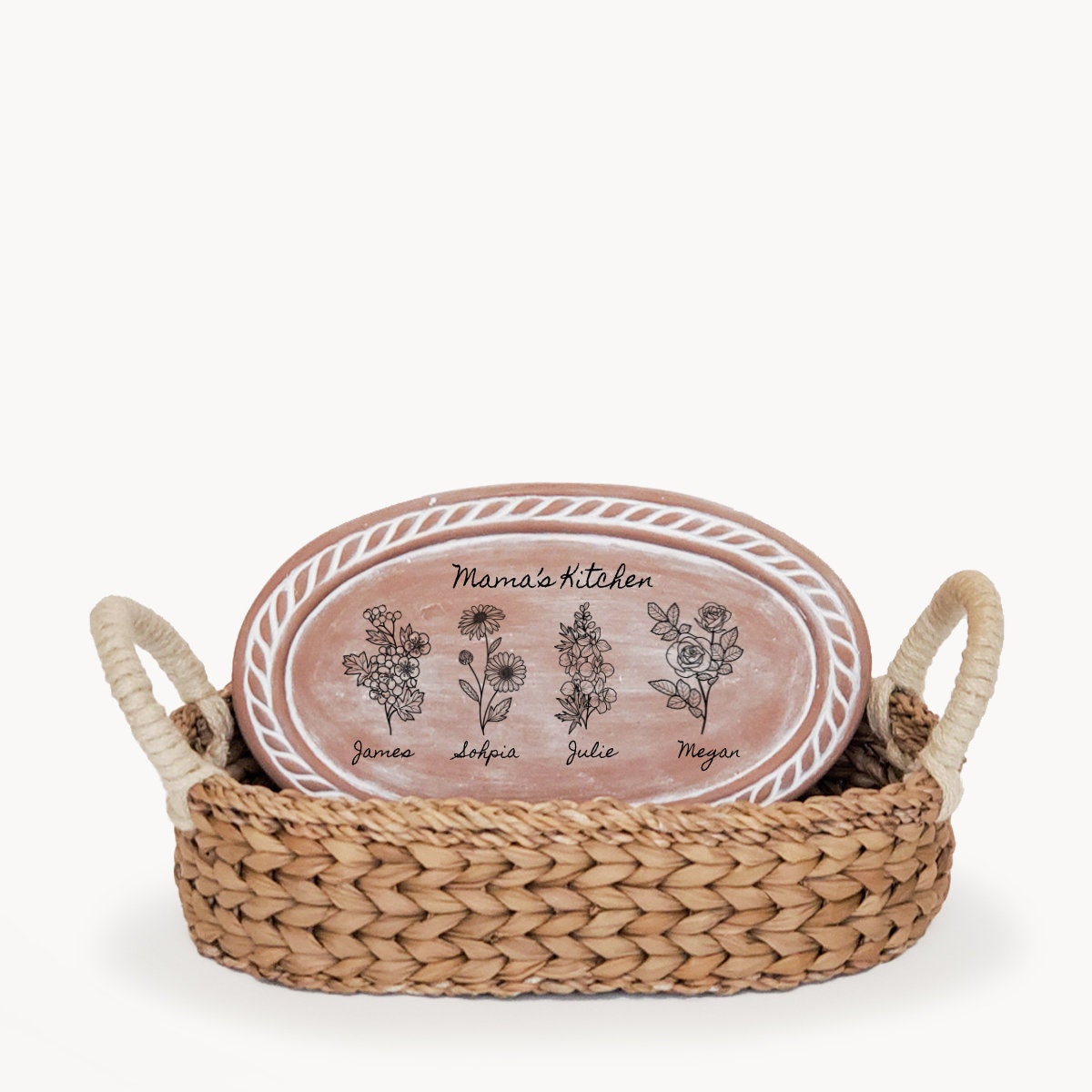 Personalized Gifts for Mom Birth Flower Gift, Custom Family Gift for Mom, Birthday Gift, Handmade Ceramic Bread Warmer Basket Birth Flower