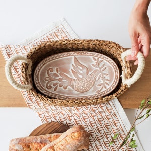 Housewarming Gift Handmade New Home Gift Unique Wedding Gift Hostess Gift Baking Bread Warmer Ceramic Warming Stone Wicker Basket OVAL image 2