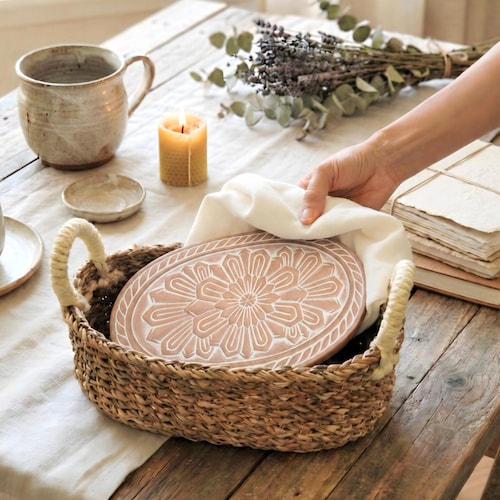 Handmade Bread Warmer Set - Oval Flower Terracotta Warming Stone, Seagrass Basket