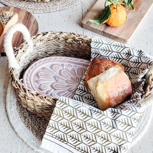 Housewarming Gift Handmade New Home Gift Wedding Gift Newlywed Gift Bread Warmer Ceramic Warming Stone Basket With Tea Towel [Flower-O-T]