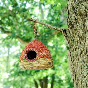 Handwoven Seagrass & Sari Birdhouse - Garden, Natural, Bird Nester and feeder, Hummingbird, Blue bird, Outside Hanger, Garden Decor, Gifts