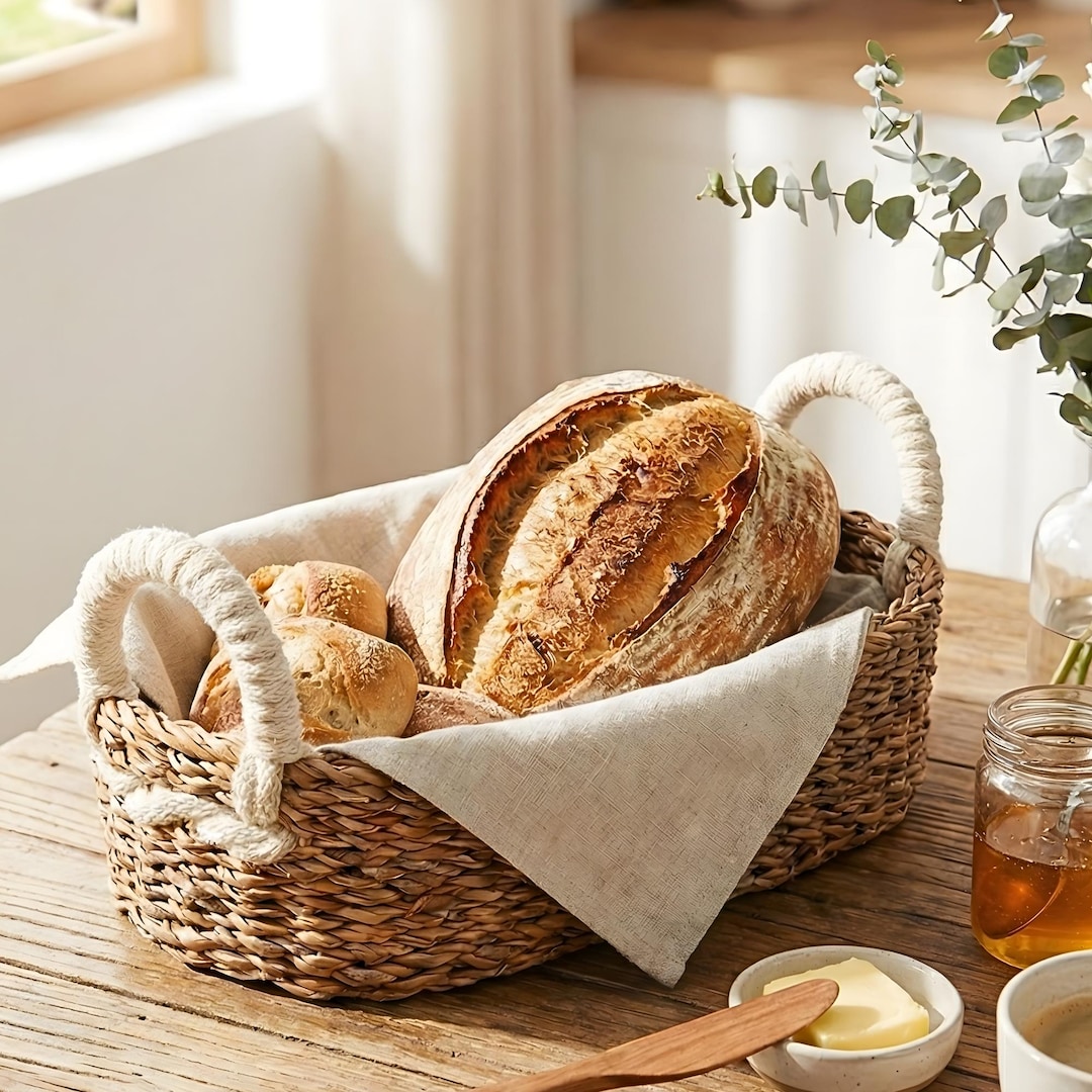 Handwoven Seagrass Bread Basket Serving Tray - Oval Wicker Storage Basket