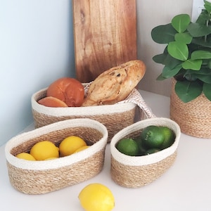 Handwoven Storage Basket Bowl • Set of 3 • Wicker Oval Basket, Handmade Storage Basket Bin, Fruit Bread Basket