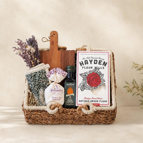 Bread Baking Gift Basket, Artisan Bread Lover Gift Set with Serving Board & Olive Oil