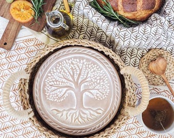 Handmade Bread Warmer Set - Round Terracotta Warming Stone, Seagrass Basket