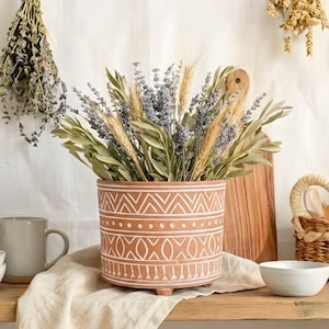 Hand Etched Terracotta Planter with Drainage • 6 inch (S)  - Unique Housewarming Gift for Her