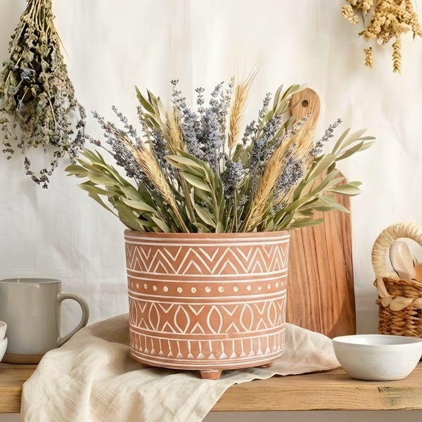 Hand Etched Terracotta Planter with Drainage • 6 inch (S)  - Unique Housewarming Gift for Her