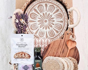 Life Essentials Deluxe Gift Box - Terracotta Bread Warmer, Woodboard, Sourdough Starter, Tea Towel-Light Brown