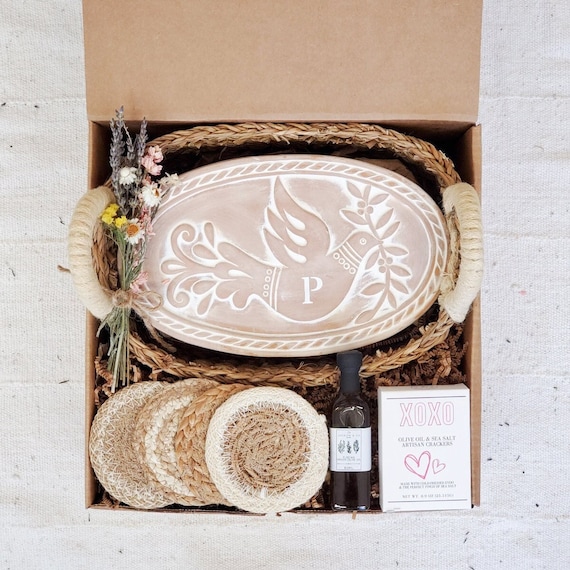 Personalized New Home Gift Box - Terracotta Bread Warmer Set, Coasters, Olive Oil & Crackers