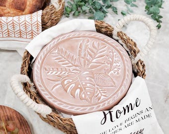 Handmade Bread Warmer Set - Round Plant Terracotta Warming Stone, Seagrass Basket