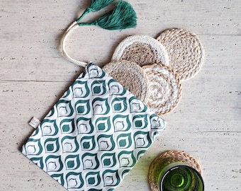 Drink Coaster Gift Set - Round Handwoven Natural Drink Coaster with green pouch, Set of 4, Jute, Seagrass, Wicker, Heat Resistant, 4inch