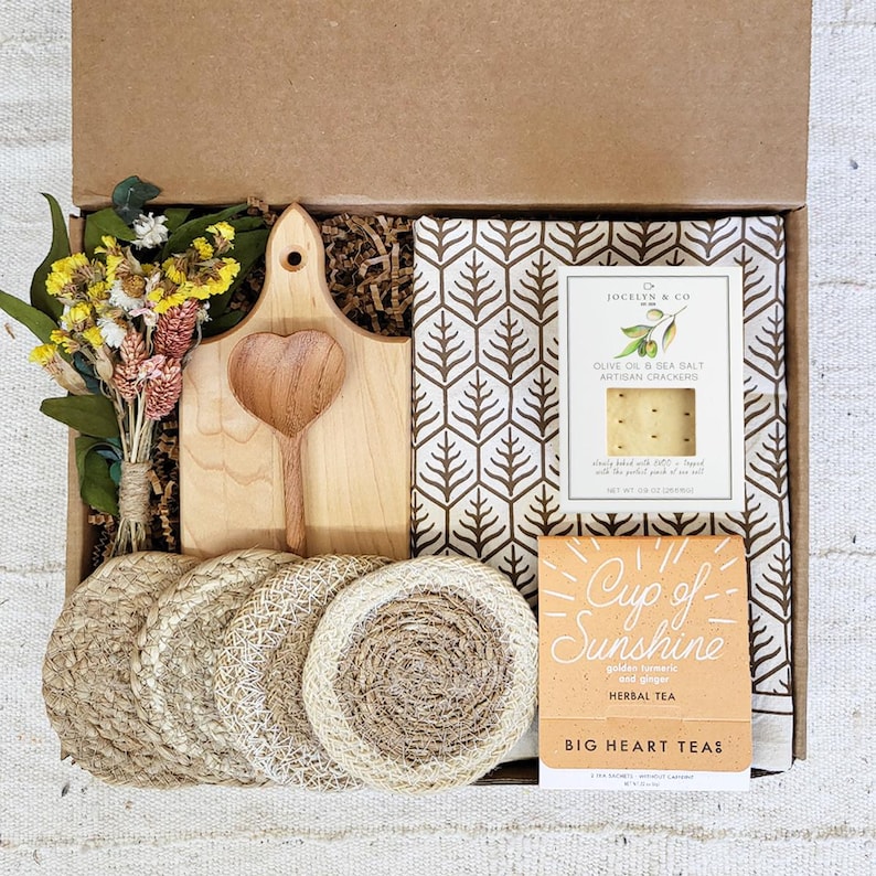 Handmade Charcuterie Gift Box - Wood Serving Board, Tea & Artisan Crackers, Coasters, Tea Towel Mini Board
