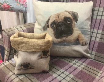 Almofadas Pug Cushion artesanais, cestas de armazenamento e sachê de lavanda