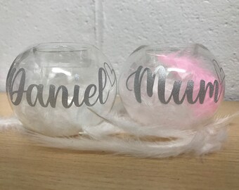 Porta-vela de vidro personalizado com penas, memorial/presente