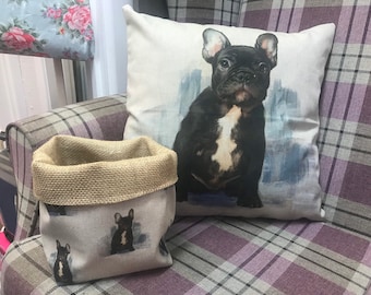 Almofadas de bulldog francês feitas à mão, cestas de armazenamento e sachê de lavanda