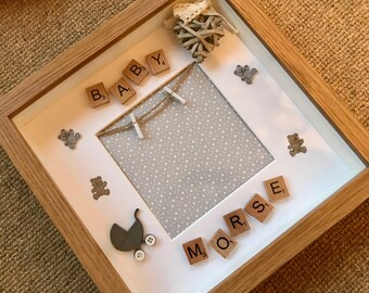 Moldura de caixa de fotos de luxo feita à mão, sob medida, personalizada, Scrabble Baby Scan, Baby Boy, Baby Girl