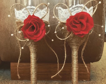 Conjunto de taças de champanhe de luxo feito à mão, sob medida, para casamento/Sr. e Sra./Madrinha/Personalizado (2 taças) - Rústico, de juta, com glitter, glamouroso