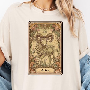 Camiseta de la carta del tarot de Aries, camiseta vintage del signo del zodiaco, camiseta con gráficos astrológicos, top bohemio del horóscopo, ilustración de Aries con temática de bruja, diseño retro del carnero