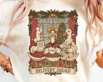 Midwife Goose Christmas T-Shirt: Labor Nurse Holiday Pun Tee