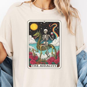 Skeleton with Dragon Tarot Card Art, Audacity Skeleton and Dragon Design, Whimsical Skeleton with Wine Glass Tee or Sweatshirt