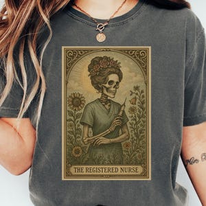 Skeleton Nurse Tarot Card T-Shirt: Gothic Floral Healthcare Apparel