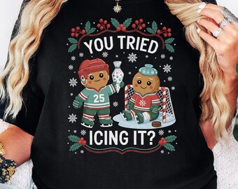Ice Hockey Christmas T-Shirt or Sweatshirt: Gingerbread Men Design