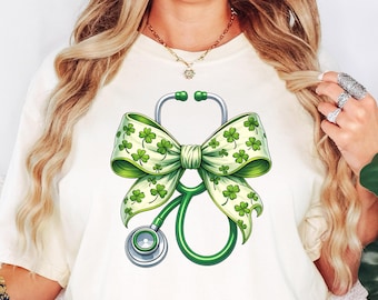 Lucky Nurse St Patricks Day T-Shirt or Sweatshirt, Shamrock Stethoscope