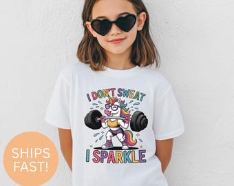 "Lustiges Einhorn Gym T-Shirt - ""I Don't Sweat, I Sparkle"" Jugend T-Shirt."