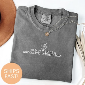 Könnte beinhalten: Graues Comfort Colors T-Shirt mit dem weißen Text "BAD DAY TO BE A SUCCULENT CHINESE MEAL". Das Shirt hat einen Rundhalsausschnitt und kurze Ärmel. Eine silberne Halskette mit Anhänger liegt auf dem Shirt.