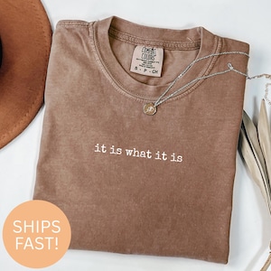 May include: A brown Comfort Colors t-shirt with the phrase "it is what it is" in white lettering. A silver necklace with a circular pendant rests on the shirt. The shirt is folded and displayed on a white surface.