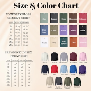 Puede incluir: Tabla de tallas y colores para camisetas unisex y sudaderas con cuello redondo. La tabla muestra las tallas, el ancho, la longitud y las medidas de las mangas en pulgadas. La tabla tambi&eacute;n muestra una variedad de colores para camisetas y sudaderas.