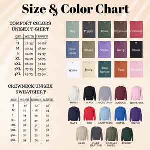 Op de afbeelding: Maat- en kleurentabel voor Comfort Colors unisex T-shirts en crewneck unisex sweatshirts. Bevat maat-, breedte-, lengte- en mouwmaten in inches. Kleuropties zijn onder andere Bay, Pepper, Moss, Espresso, Crimson, Blue Jean, Khaki, Violet, Berry, Black, White, Ivory, Blue Spruce, Yam, Blossom en meer.