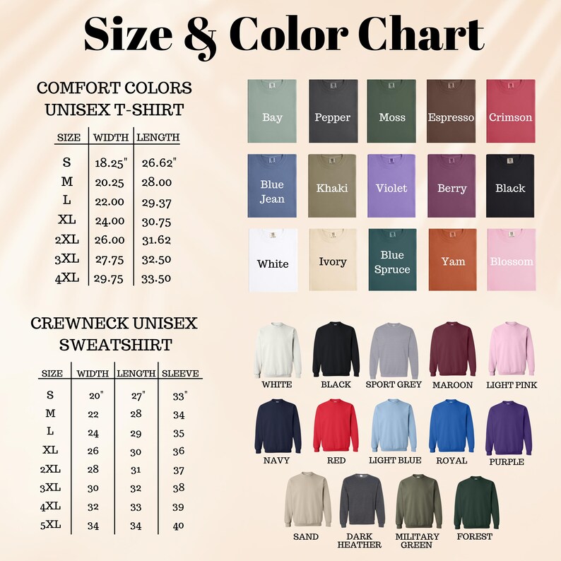 Op de afbeelding: Maat- en kleurentabel voor Comfort Colors unisex T-shirts en crewneck unisex sweatshirts. Bevat maat-, breedte-, lengte- en mouwmaten in inches. Kleuropties zijn onder andere Bay, Pepper, Moss, Espresso, Crimson, Blue Jean, Khaki, Violet, Berry, Black, White, Ivory, Blue Spruce, Yam, Blossom en meer.