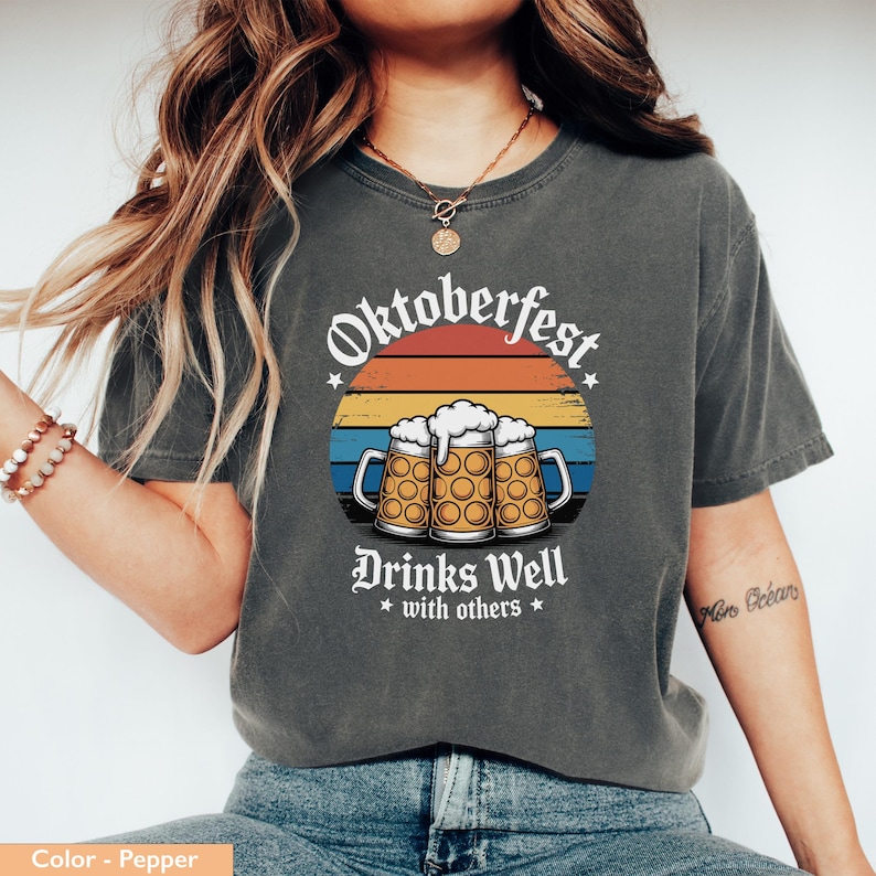 Oktoberfest Drinks Well With Others Graphic Tee, Funny Beer Shirt, Vintage Style, Oktoberfest Party Outfit, Beer Festival Shirt