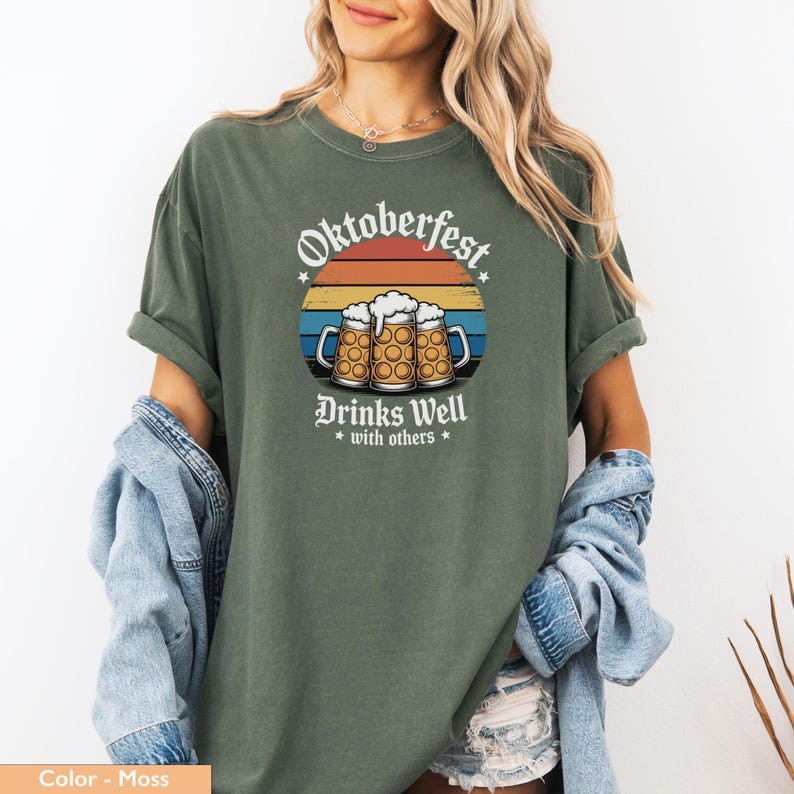 Oktoberfest Drinks Well With Others Shirt, Beer Festival Graphic Tee, Retro Vintage Style, Oktoberfest Party Gift, Women's Casual Top