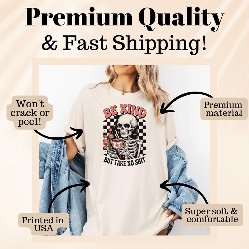 Be Kind But Take No Shit Skeleton Shirt, Funny Graphic Tee, Unisex Casual T-Shirt, Vintage Skeleton Apparel, Cool Retro Clothing