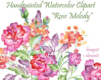 Watercolor clipart roses flowers handpainted floral elements bouquet DIY scrapbooking PNG digital card making wedding invites printable