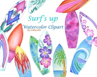 Surf's Up handpainted watercolor clipart surfboards DIY scrapbooking wall art PNG digital download card making party invitations blogs